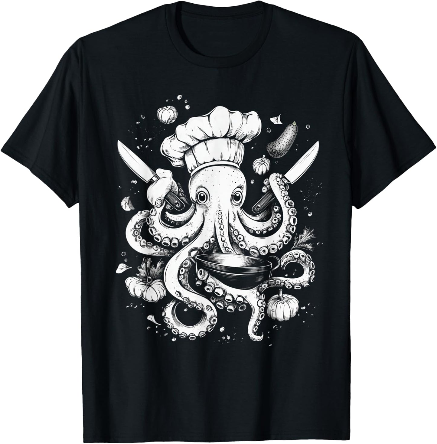 Chef Octopus Funny Cooking Kraken Sous Chef Cook T-Shirt - T-Shirt | Black