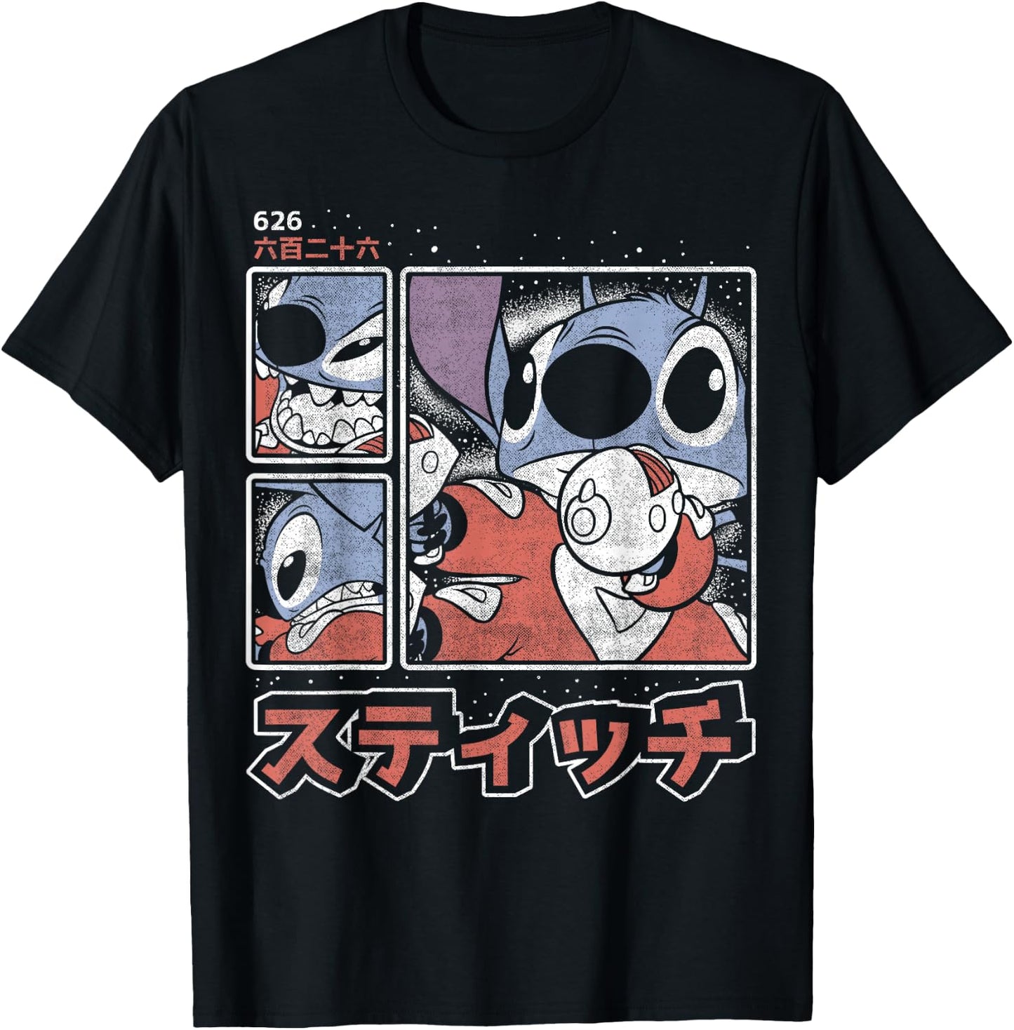 Disney Lilo & Stitch 626 Stitch Day Kanji Panels T-Shirt - T-Shirt | Black