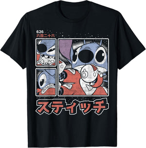 Disney Lilo & Stitch 626 Stitch Day Kanji Panels T-Shirt - T-Shirt | Black