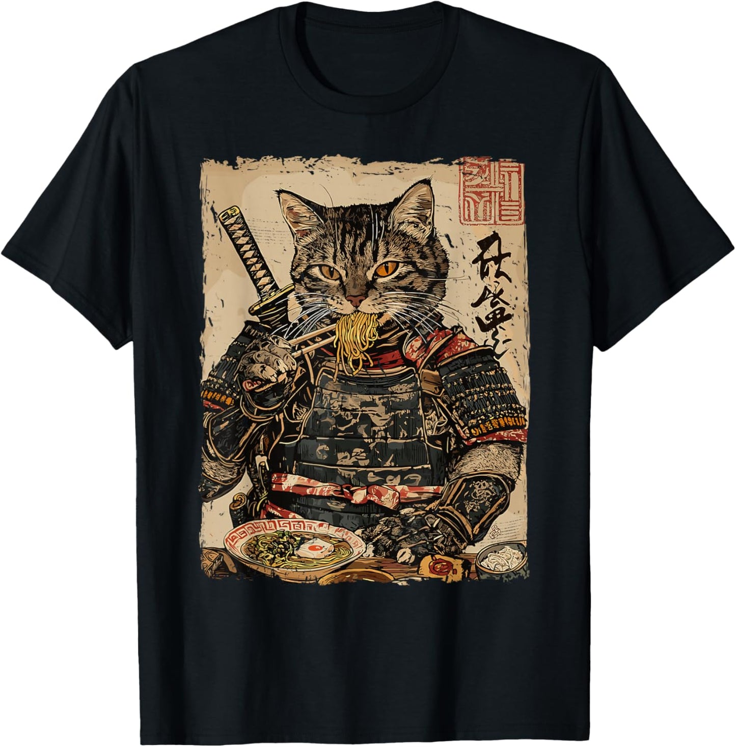 Samurai Cat Loves Ramen Funny Anime Japanese Artwork Samurai T-Shirt - T-Shirt | Black
