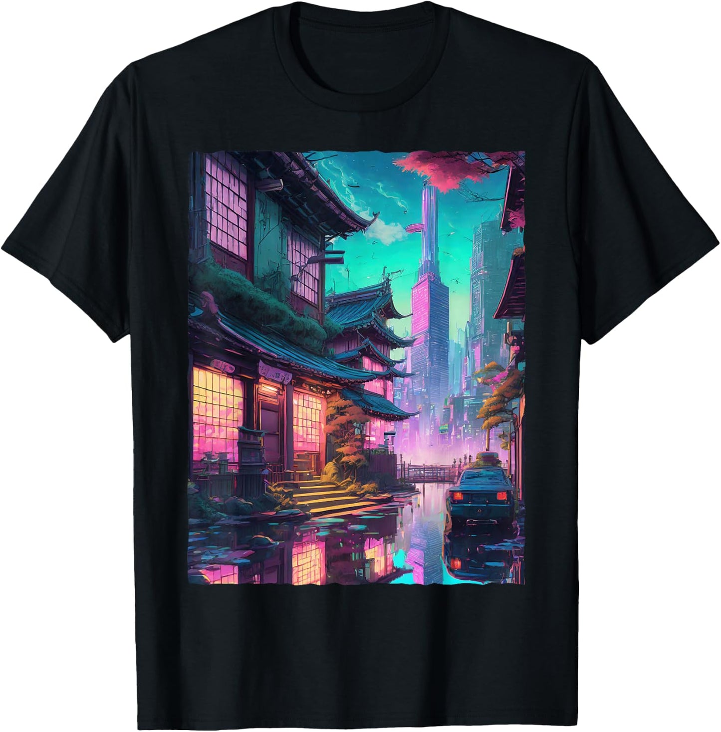Japanese Streetwear Synthwave Vaporwave City Retro Aesthetic T-Shirt - T-Shirt | Black