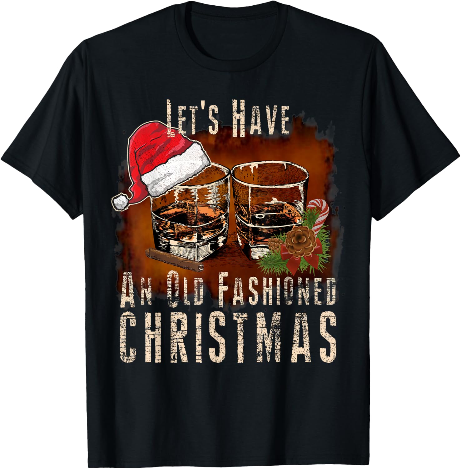 Old Fashioned Whiskey Christmas - Bourbon Cocktail Drinkers T-Shirt - T-Shirt | Black