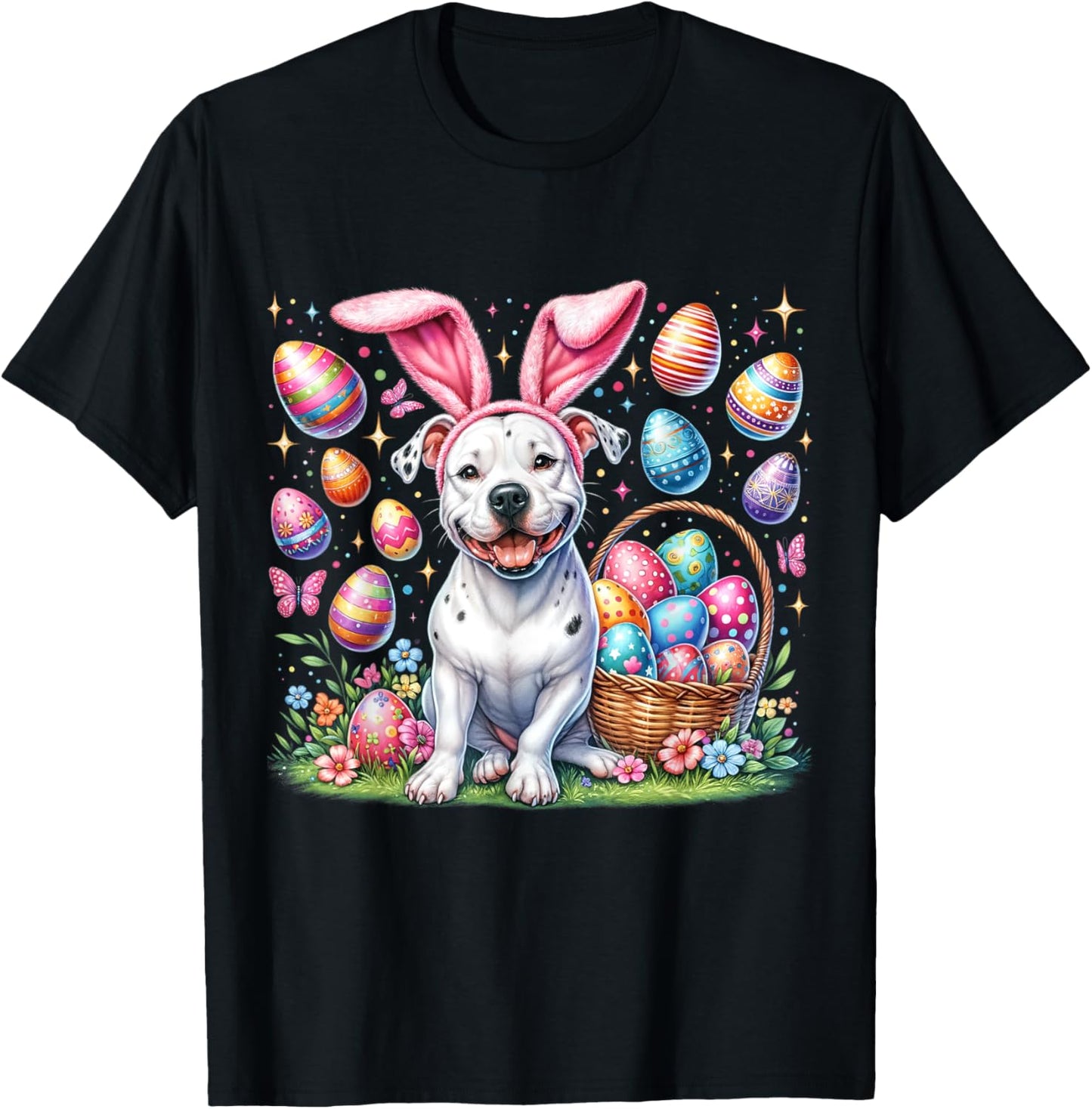 Cute Bunny Pitbull Dog Easter Eggs Basket Easter Day Delight Women Kids T-Shirt - T-Shirt | Black