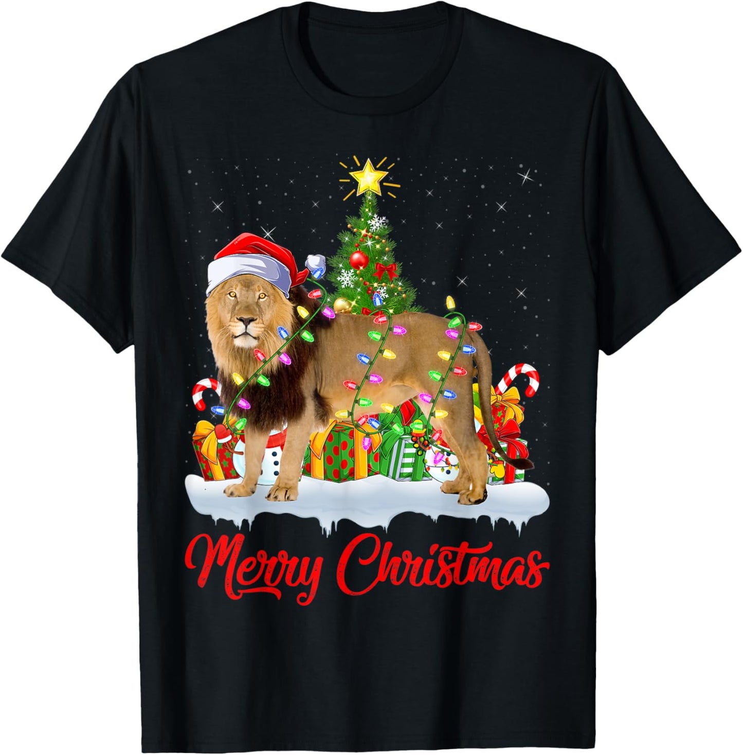 Lion Xmas Tree Lighting Santa Lion Christmas T-Shirt - T-Shirt | Black