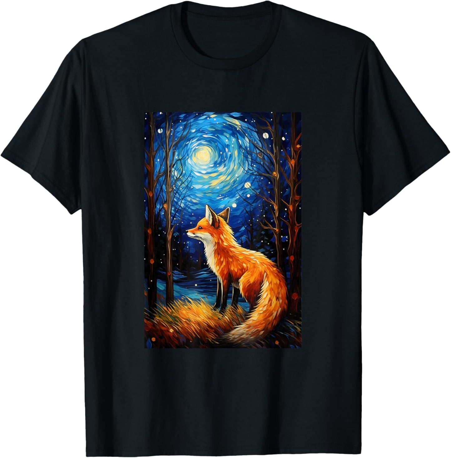 Cute Fox Van Gogh Style Starry Night Graphic T-Shirt - T-Shirt | Black