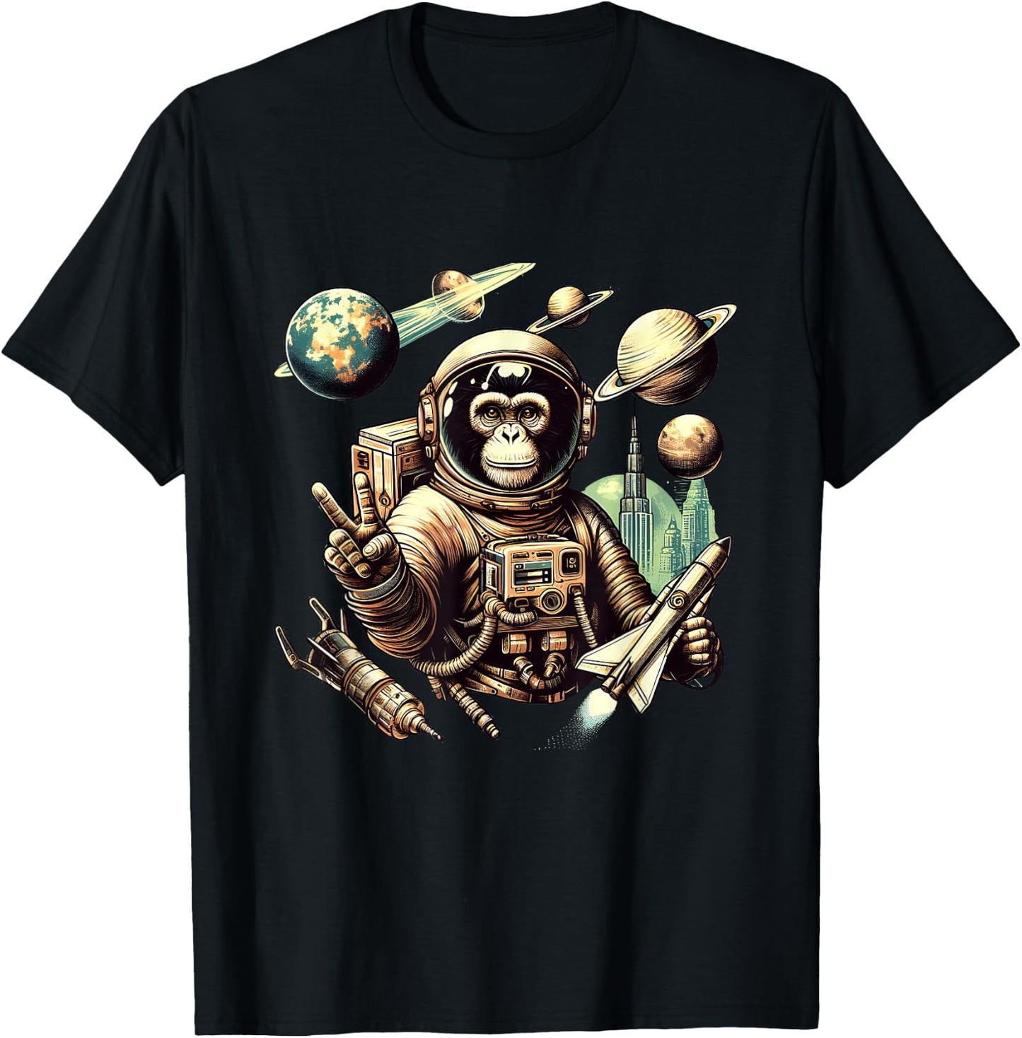 Space Vintage Travel Astronaut Monkey Holding Spaceship T-Shirt - T-Shirt | Black