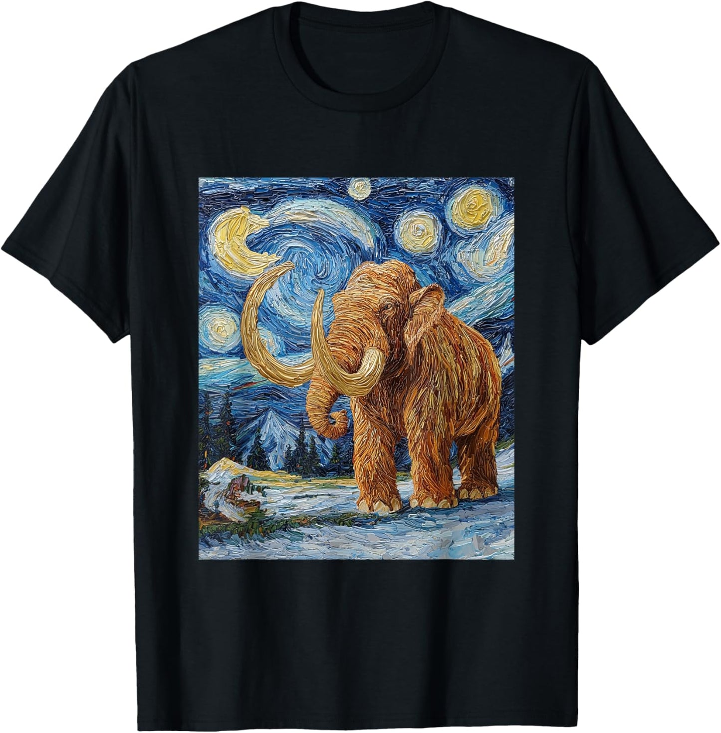 Woolly Mammoth Ice Age - Van Gogh Style - Starry Night T-Shirt - T-Shirt | Black