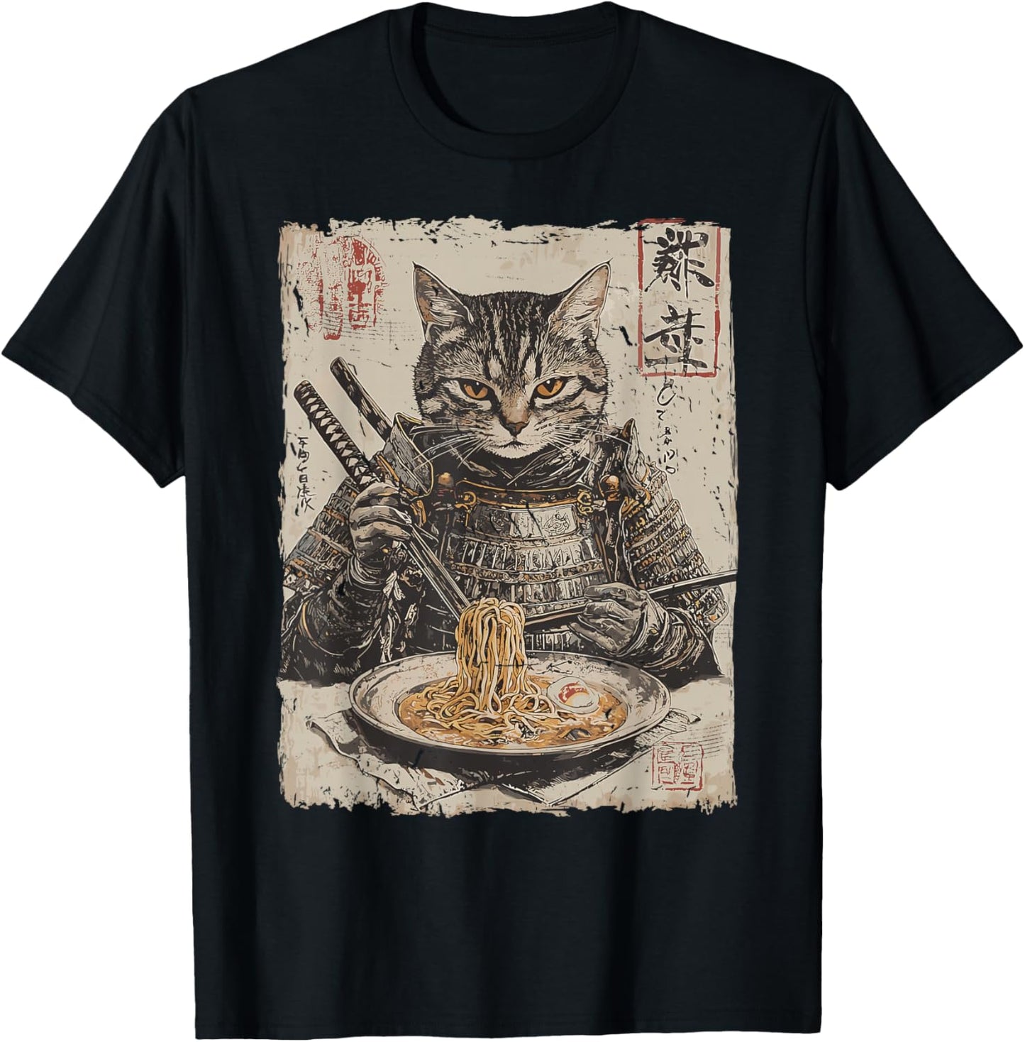 Samurai Cat Loves Ramen Funny Anime Japanese Artwork Samurai T-Shirt - T-Shirt | Black