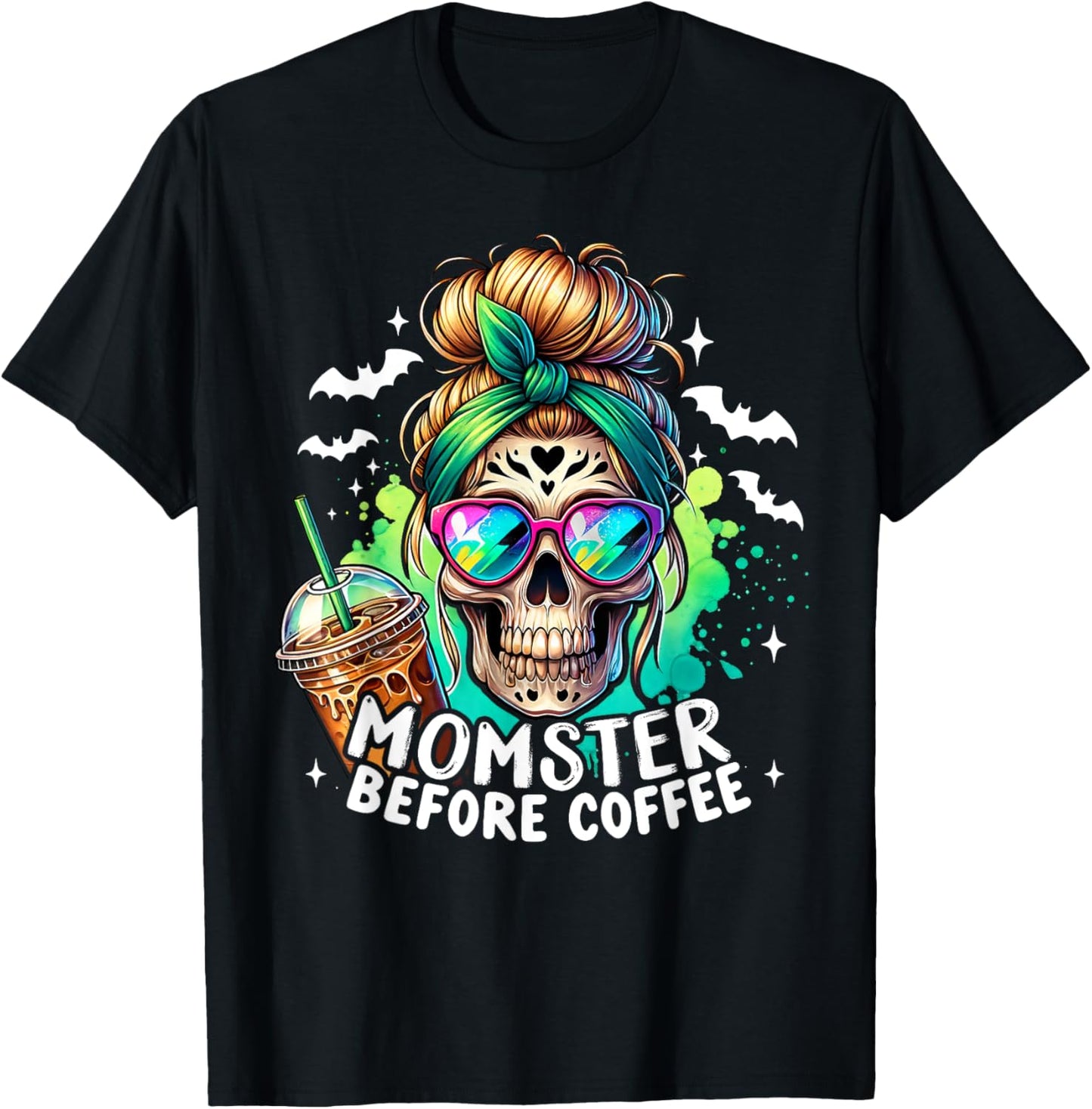 Momster Before Coffee Skeleton Skull Spooky Mama Halloween T-Shirt - T-Shirt | Black