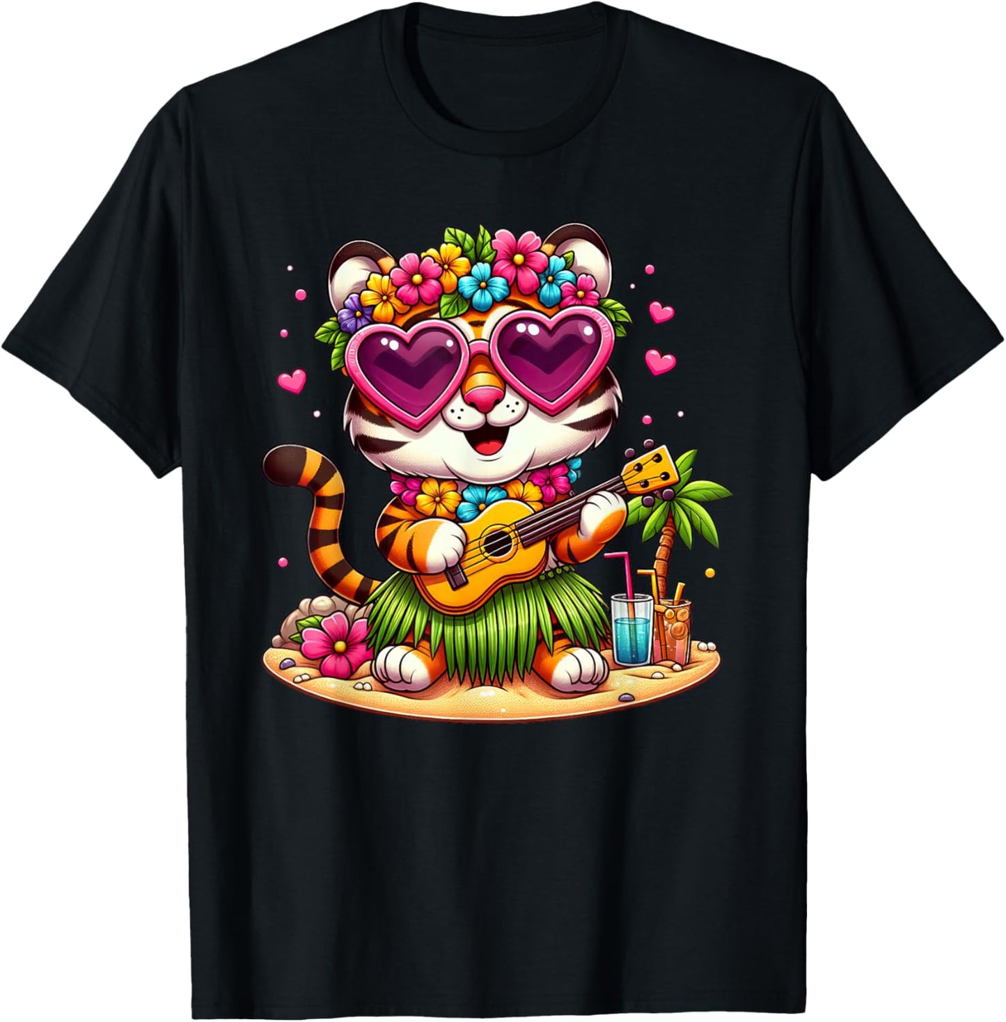 Funny Tiger Hawaiian Costume Kids Summer Vacation Tiger T-Shirt - T-Shirt | Black