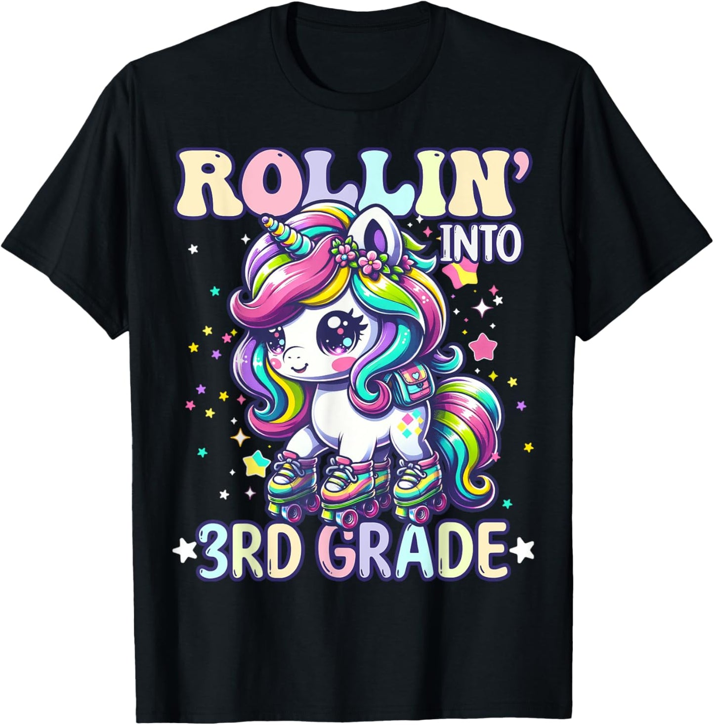 3rd Grade Back To School First Day Girl Rollin Unicorn T-Shirt - T-Shirt | Black