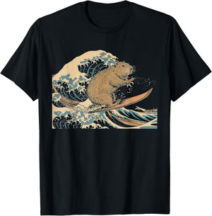 Capybara Surfing Japanese Wave Surfer Animal Funny Capybara T-Shirt - T-Shirt | Black