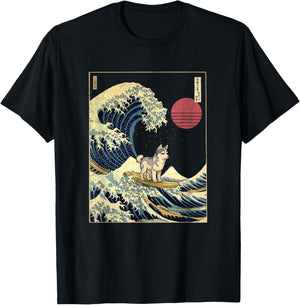 Husky Japanese Kanagawa Wave Funny Surf Dog Women Kids T-Shirt - T-Shirt | Black
