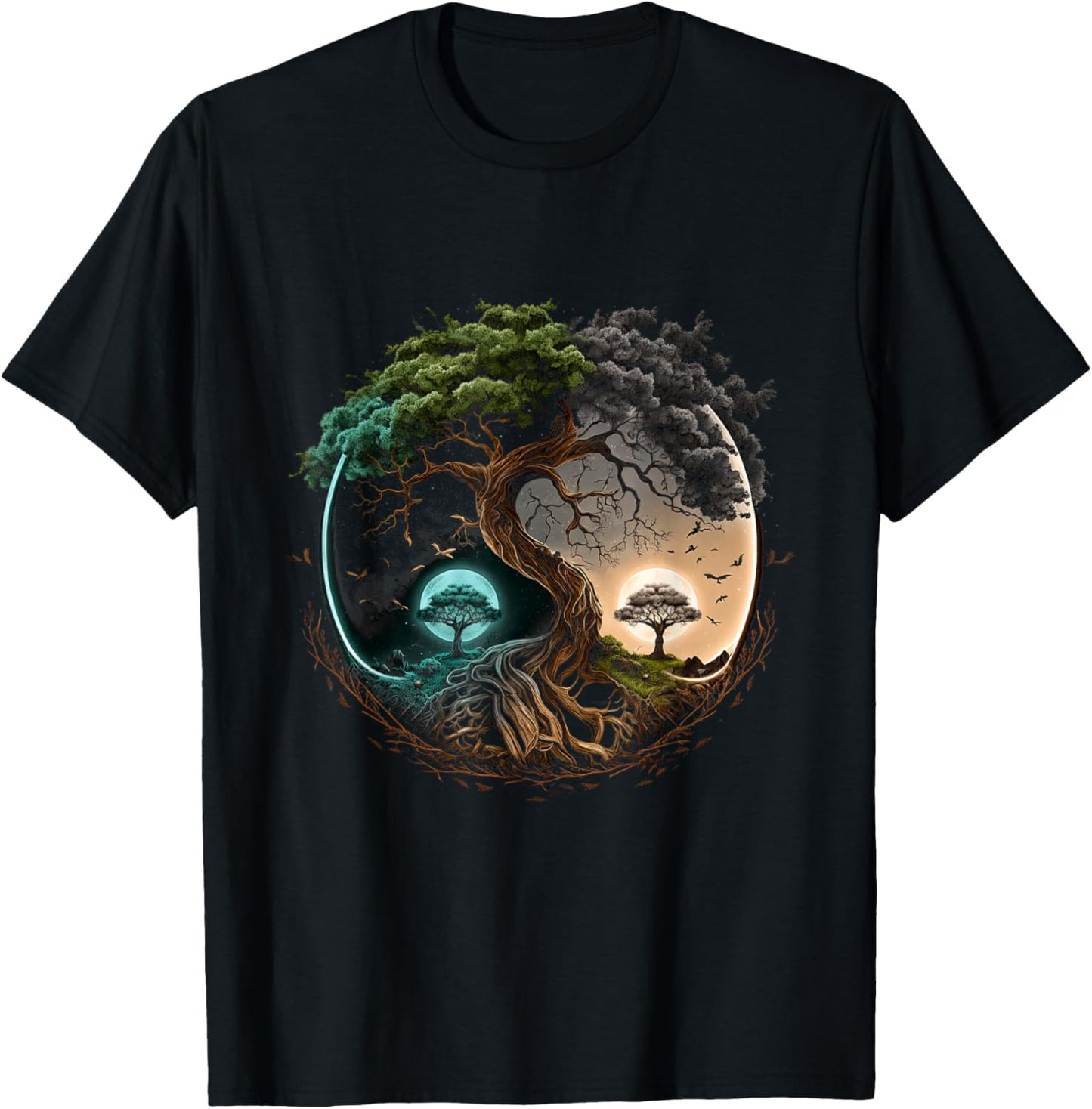 Tree Life Yin Yang Moon Sun Day And Night Bonsai Japanese T-Shirt - T-Shirt | Black