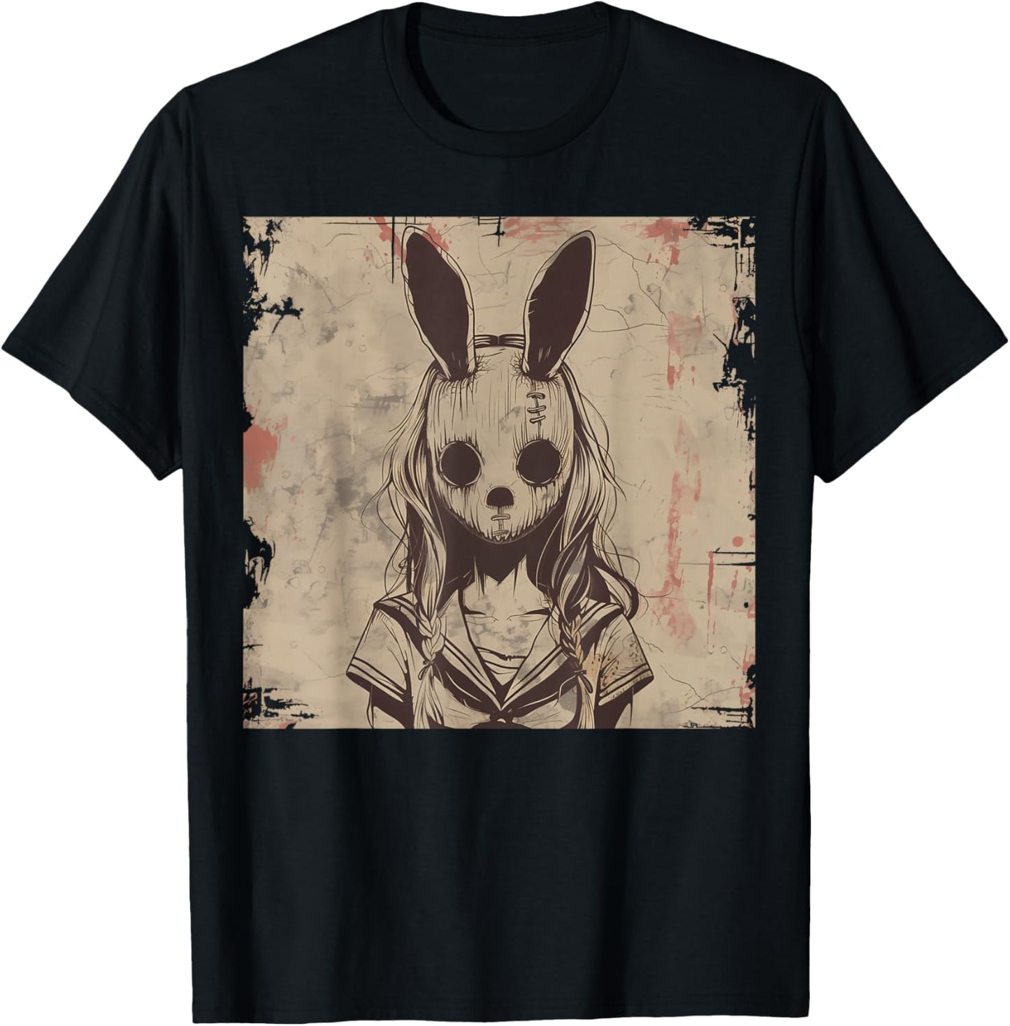 Goth Grunge Creepy Bunny Rabbit Mask Girl Anime Horror Art T-Shirt - T-Shirt | Black