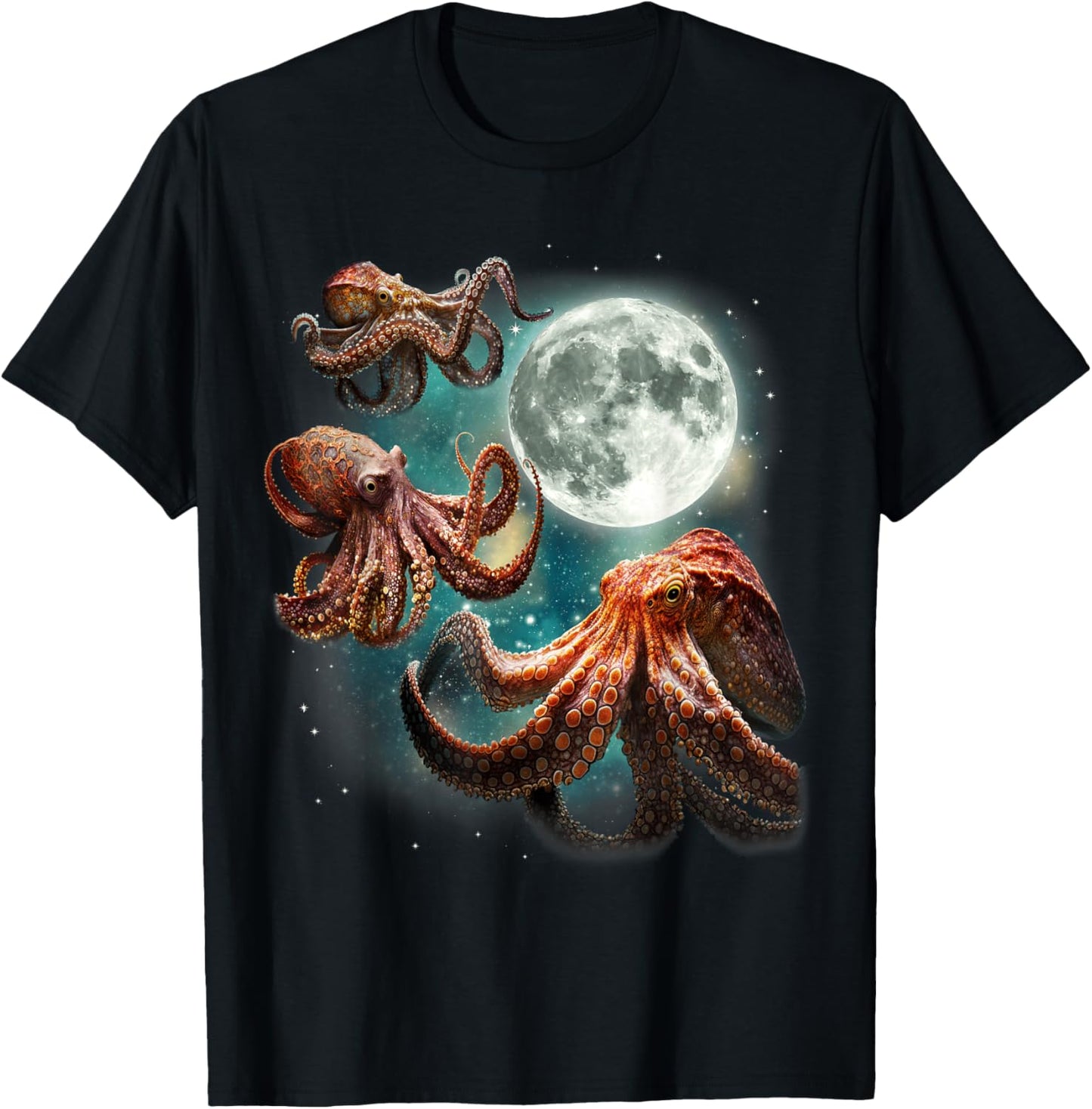 Three Octopuses 3 Moon Ocean Deep Sea Creature Wildlife T-Shirt - T-Shirt | Black