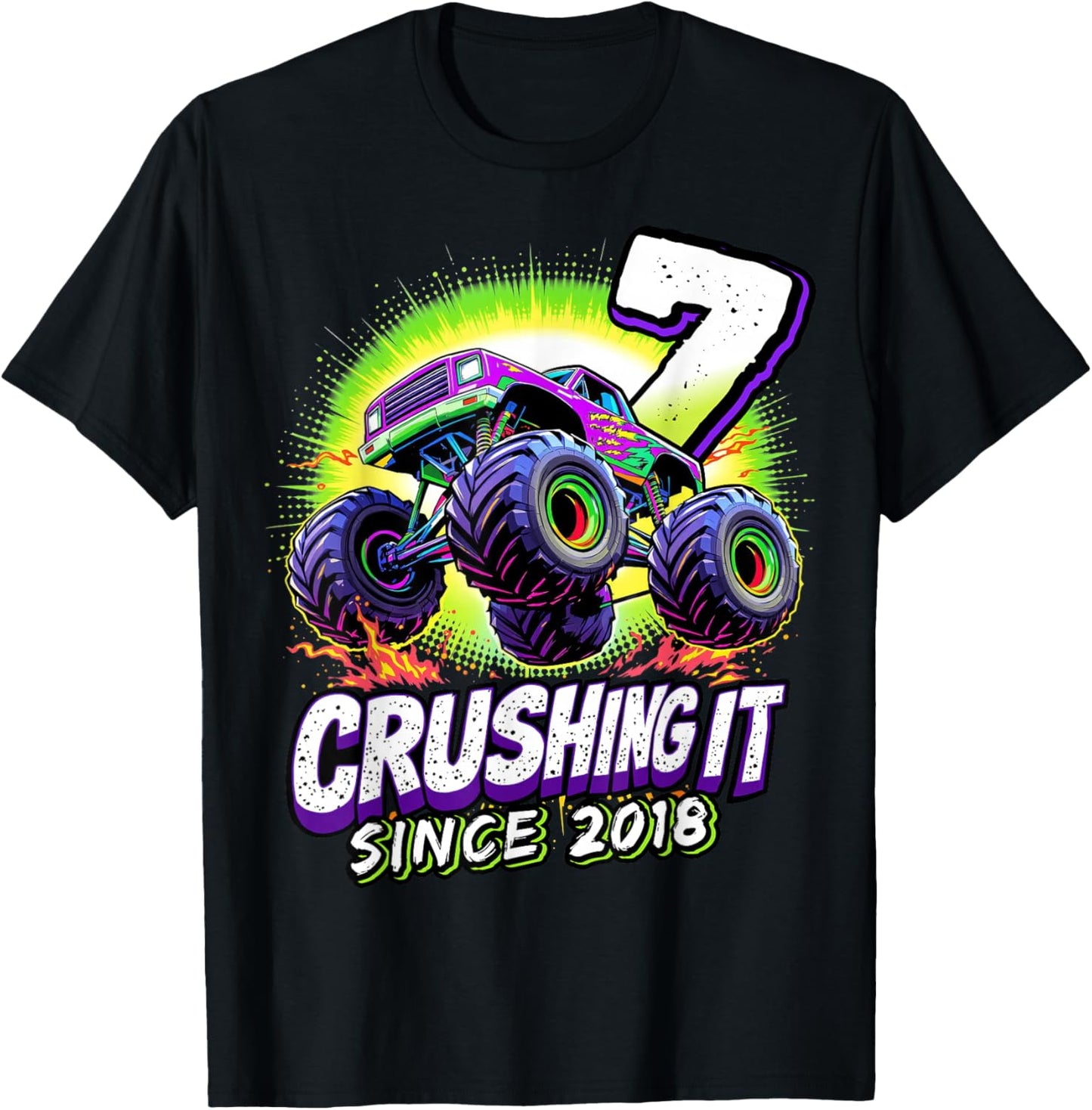 Birthday Monster Truck 7 year Old Boys 7th Party Born 2018 T-Shirt - T-Shirt | Black