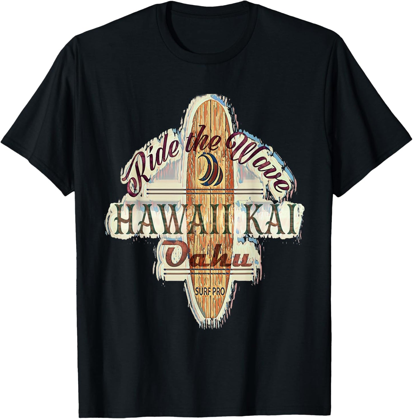 Surfing, Surfboard, Distressed Longboard Hawaii Kai Oahu T-Shirt - T-Shirt | Black