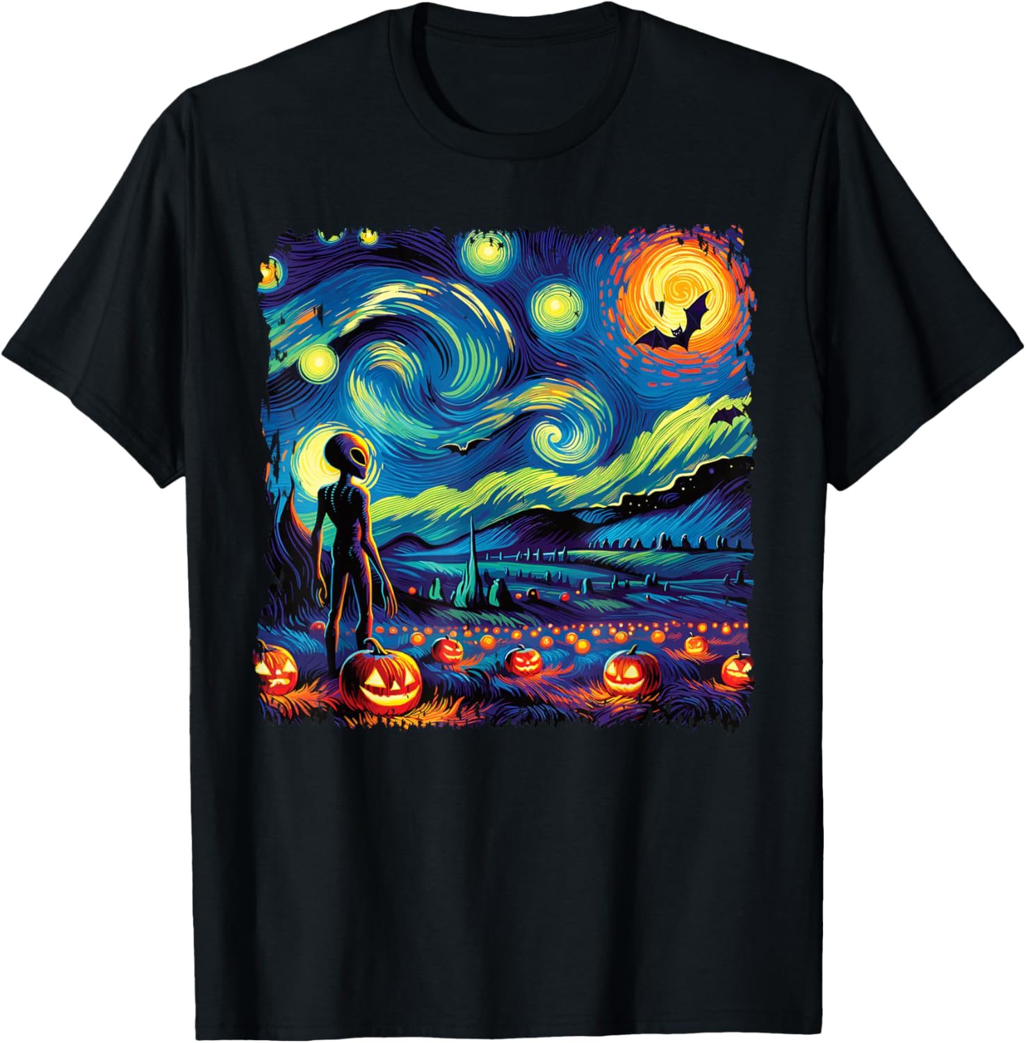 Van Gogh Starry Night Alien Man Halloween Fall Pumpkin Bats T-Shirt - T-Shirt | Black