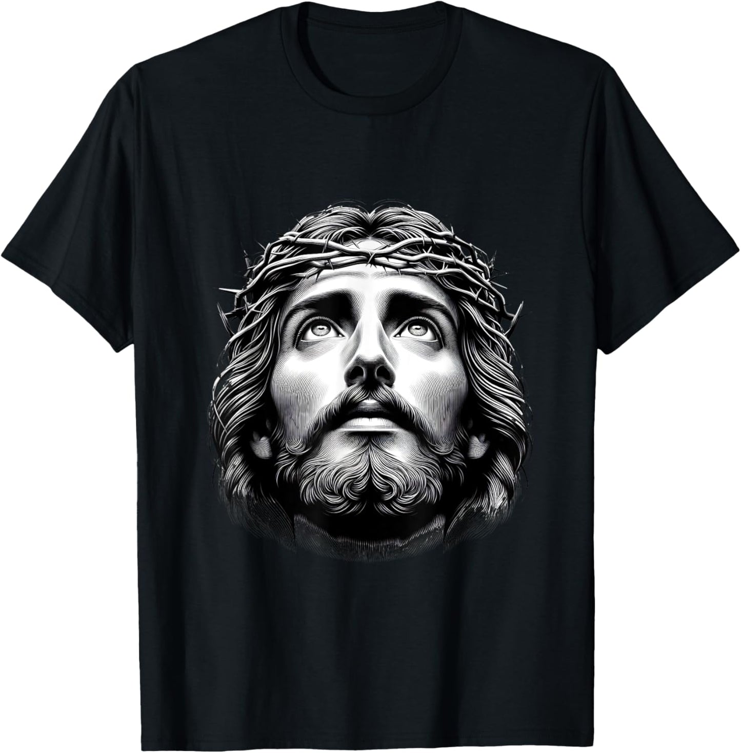 Jesus Christ Face With Crown Of Thorn God Bible Christian T-Shirt - T-Shirt | Black