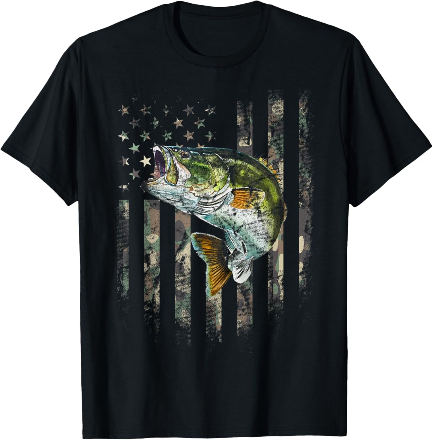 Camo American Flag Bass Fishing Fishermen Patriotic USA Flag T-Shirt - T-Shirt | Black