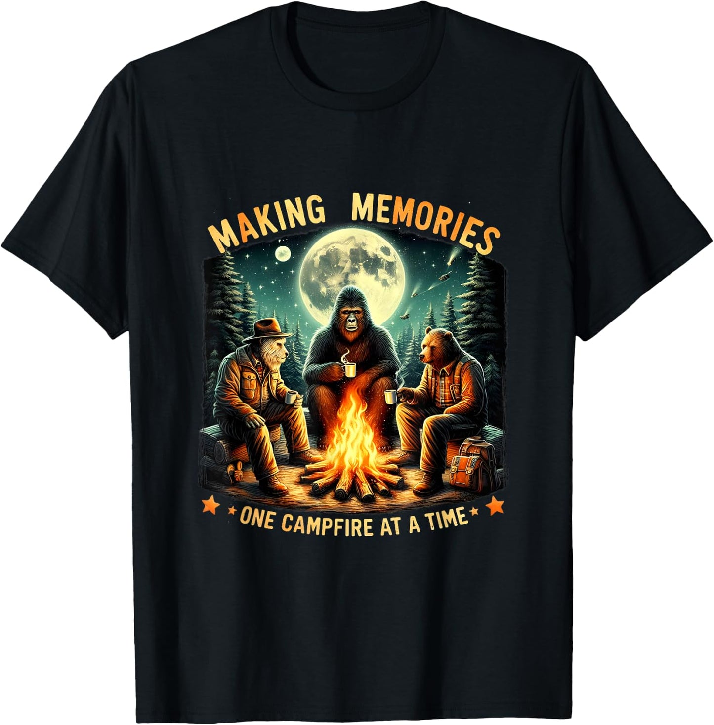 Retro Making Memories One Campfire At A Time Bigfoot Camping T-Shirt - T-Shirt | Black