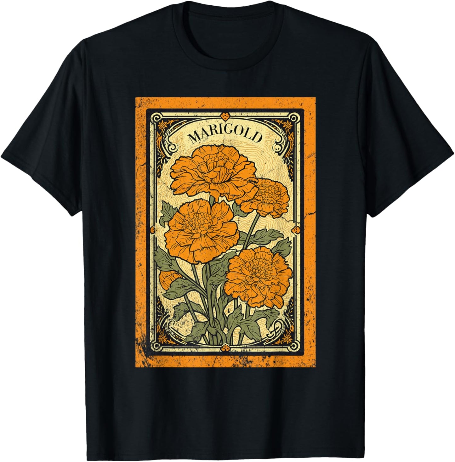 Vintage Marigold Flowers Tarot Card T-Shirt - T-Shirt | Black