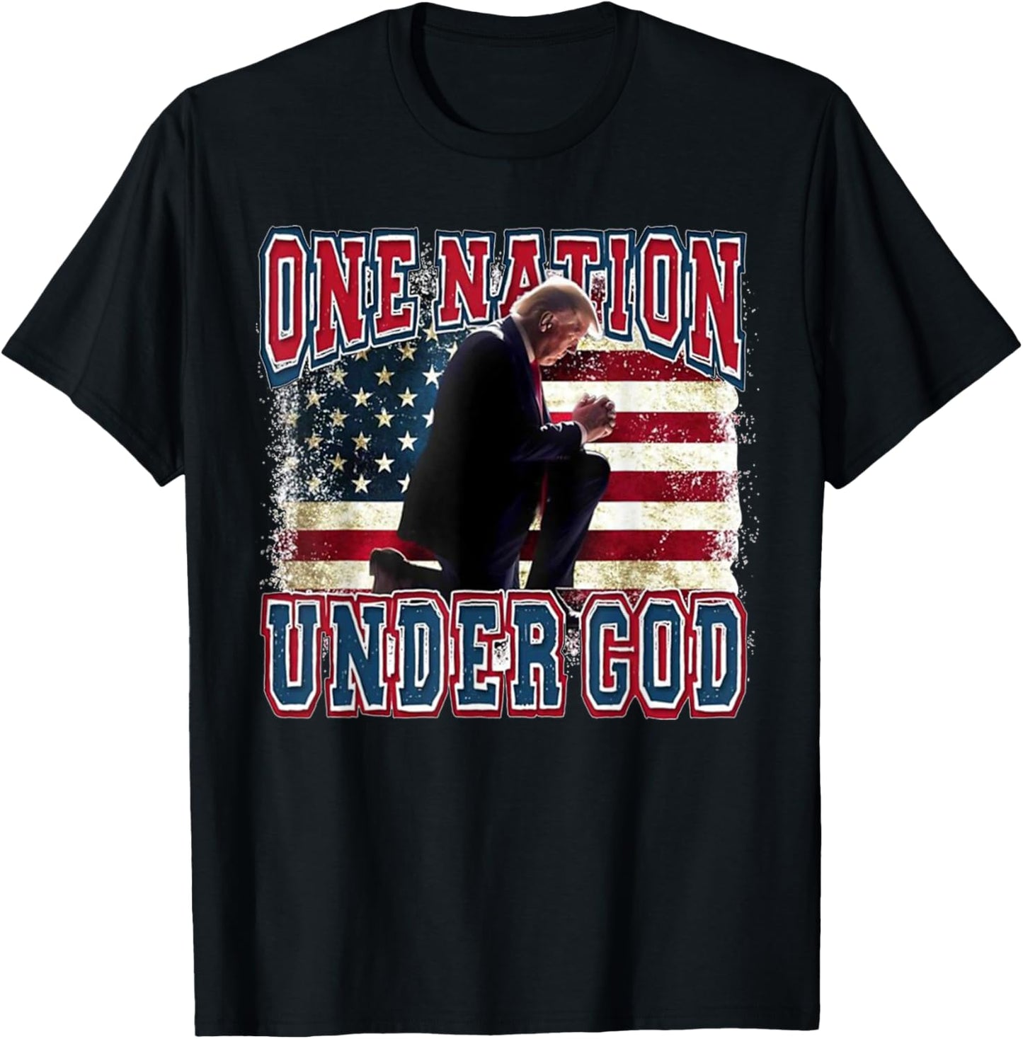 One Nation Under God Trump Pray Jesus USA Flag Distressed T-Shirt - T-Shirt | Black