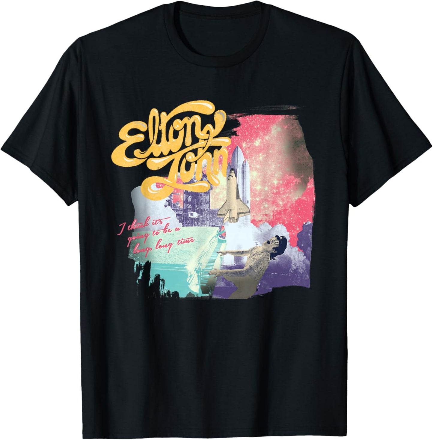 Official Elton John Colorful Long Time Black T-Shirt - T-Shirt | Black