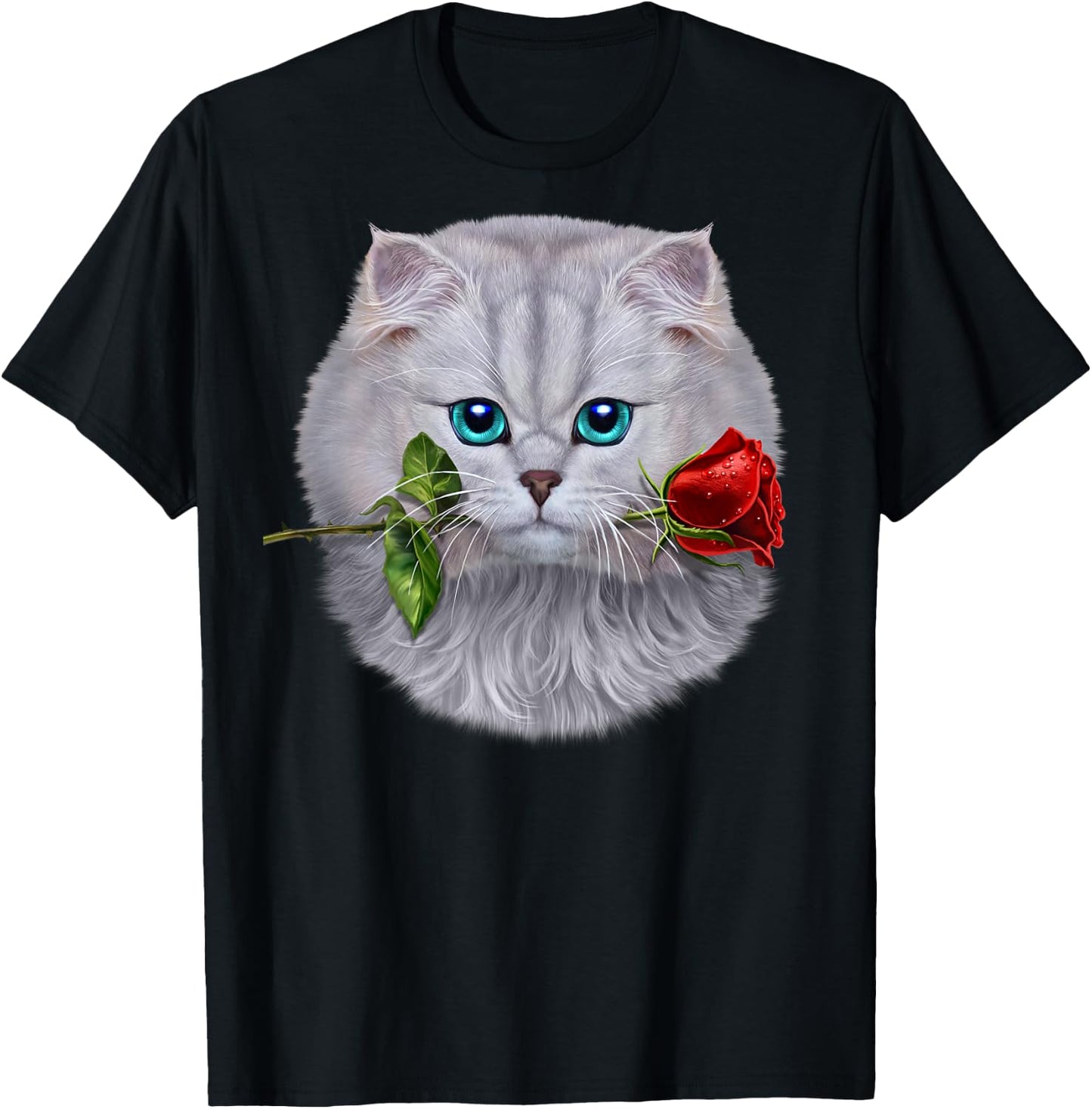 Romantic Fluffy White Cat Biting on a Rose Flower T-Shirt - T-Shirt | Black