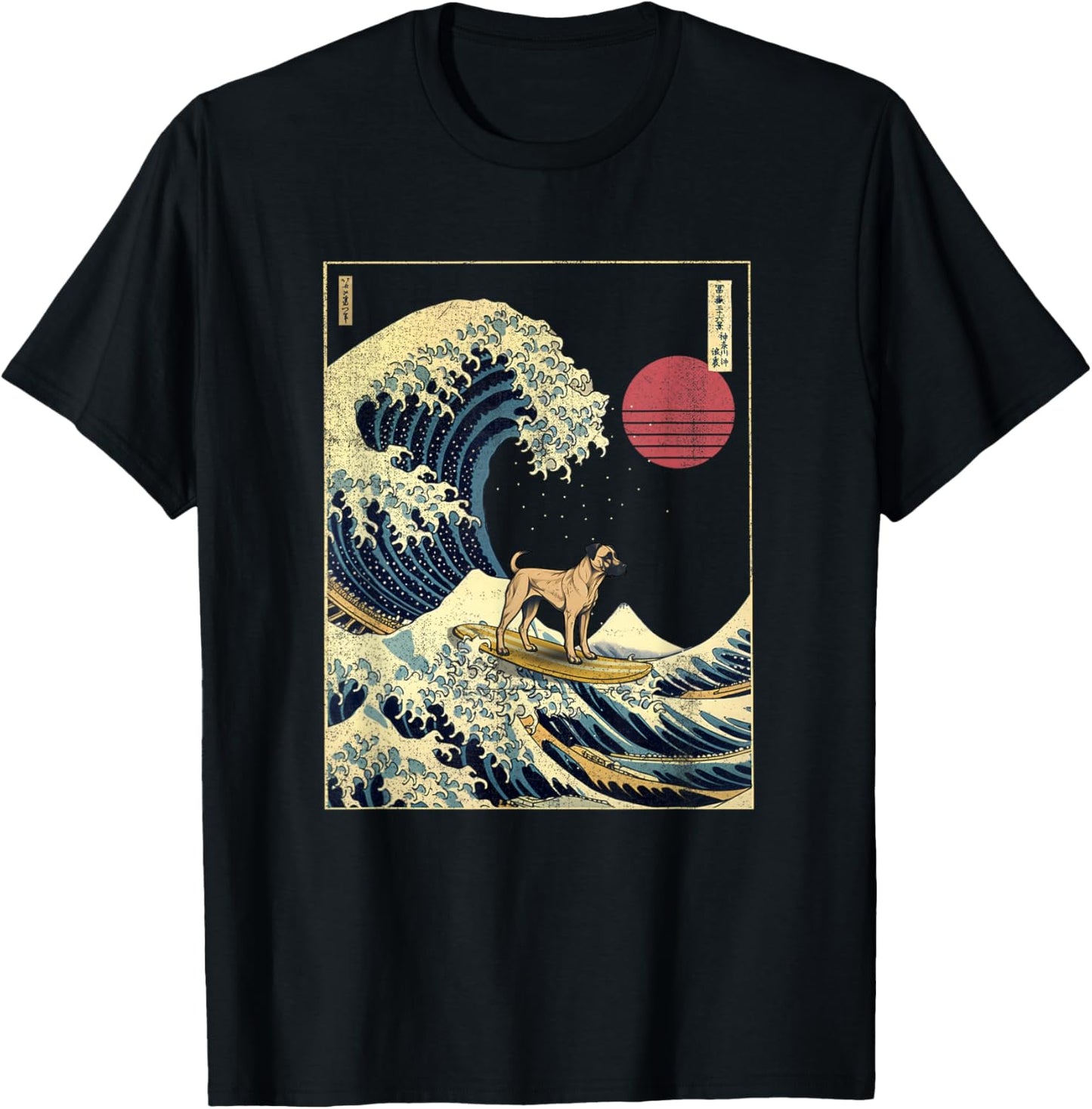 Black Mouth Cur Japanese Kanagawa Wave Funny Surf Dog T-Shirt - T-Shirt | Black