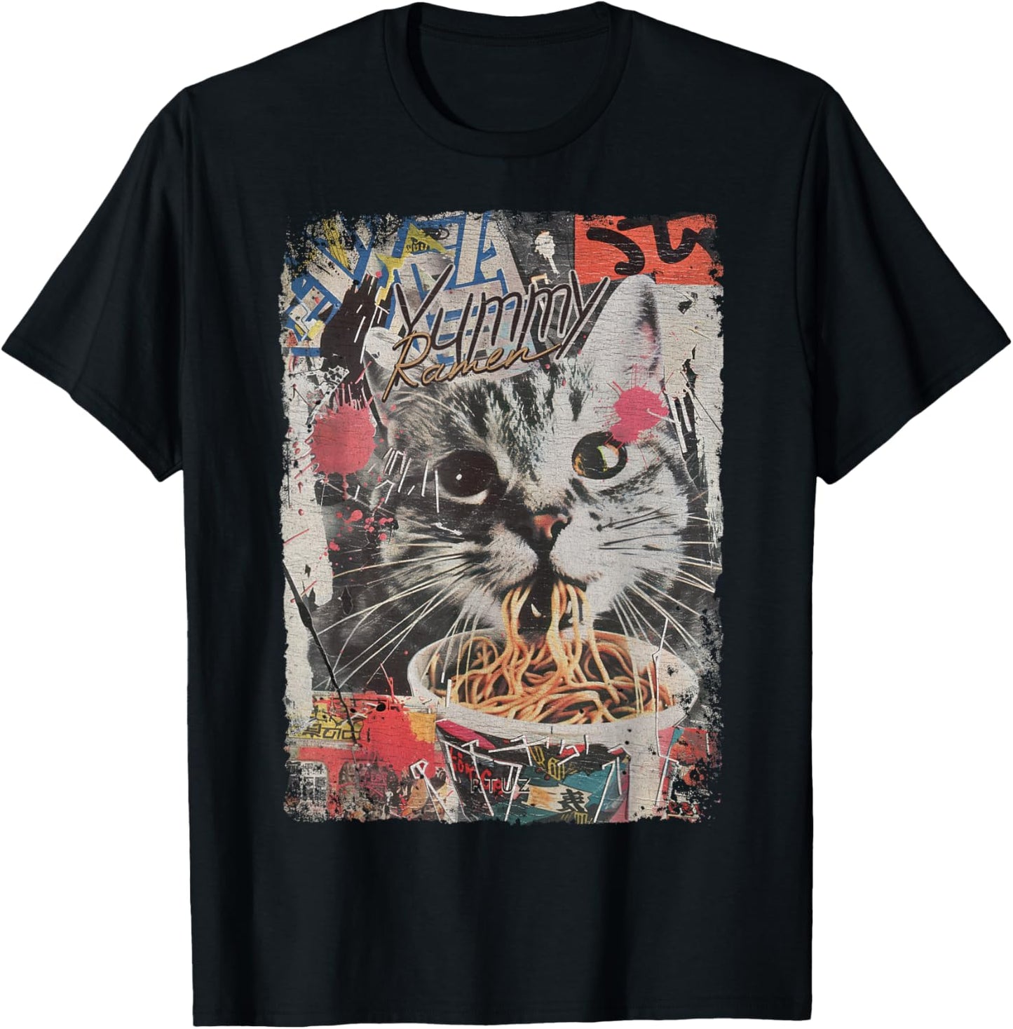 Ramen Noodles Cat Japan Y2K Kawaii Retro Cats Manga Anime T-Shirt - T-Shirt | Black