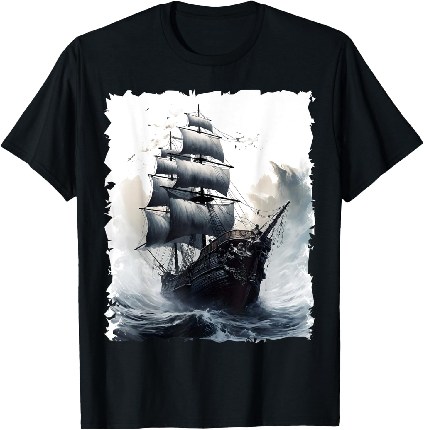 Sailing Boat Captain Pirate Ship Sailing Storm Painting T-Shirt - T-Shirt | Black