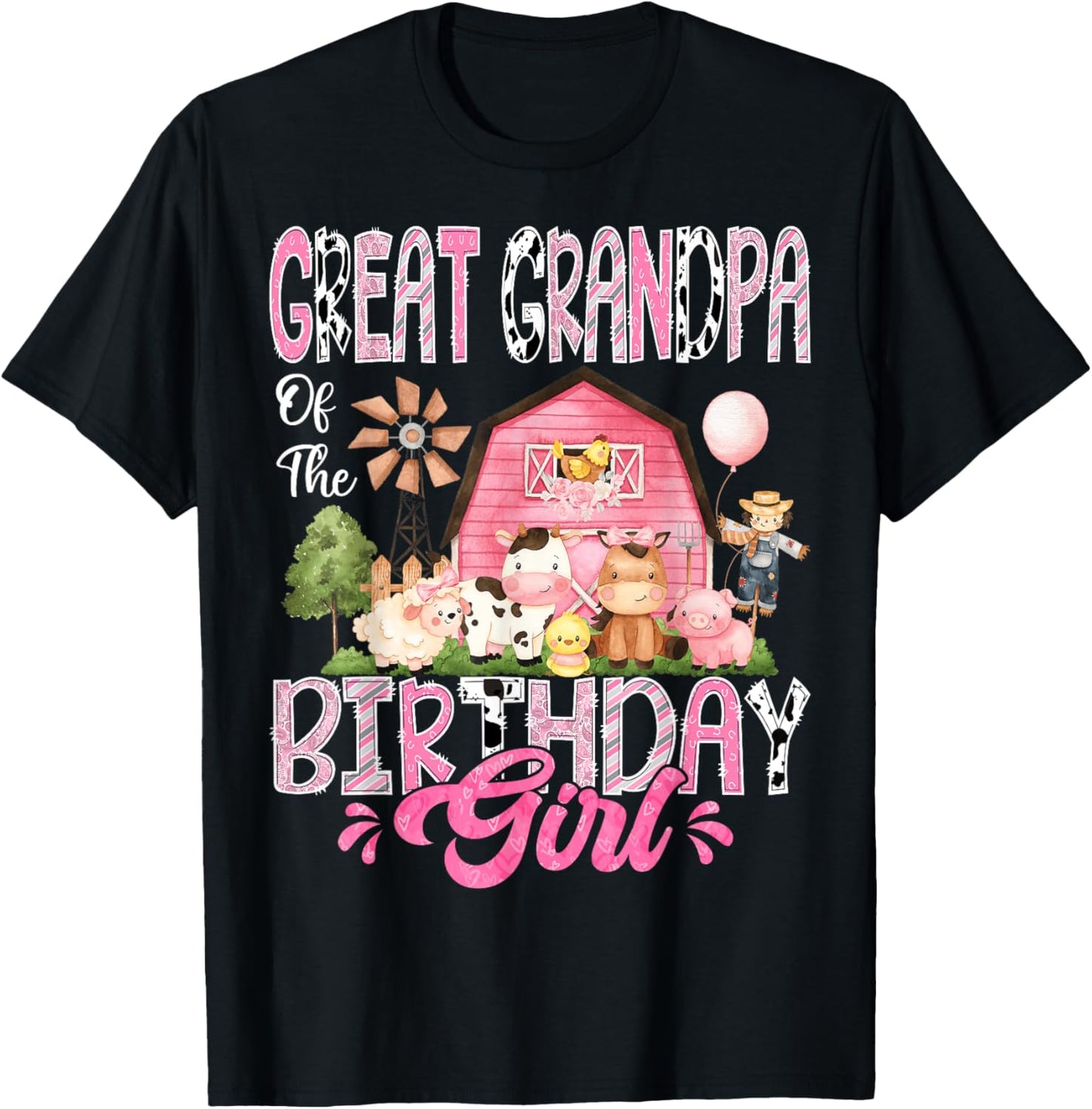 Great Grandpa Of The Birthday Girl Pink Farm Cow Birthday T-Shirt - T-Shirt | Black