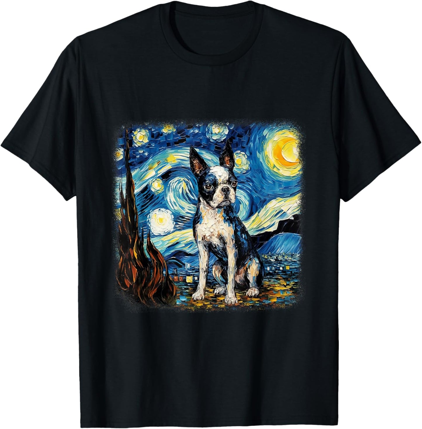 Van gogh Boston Terrier in starry night T-Shirt - T-Shirt | Black