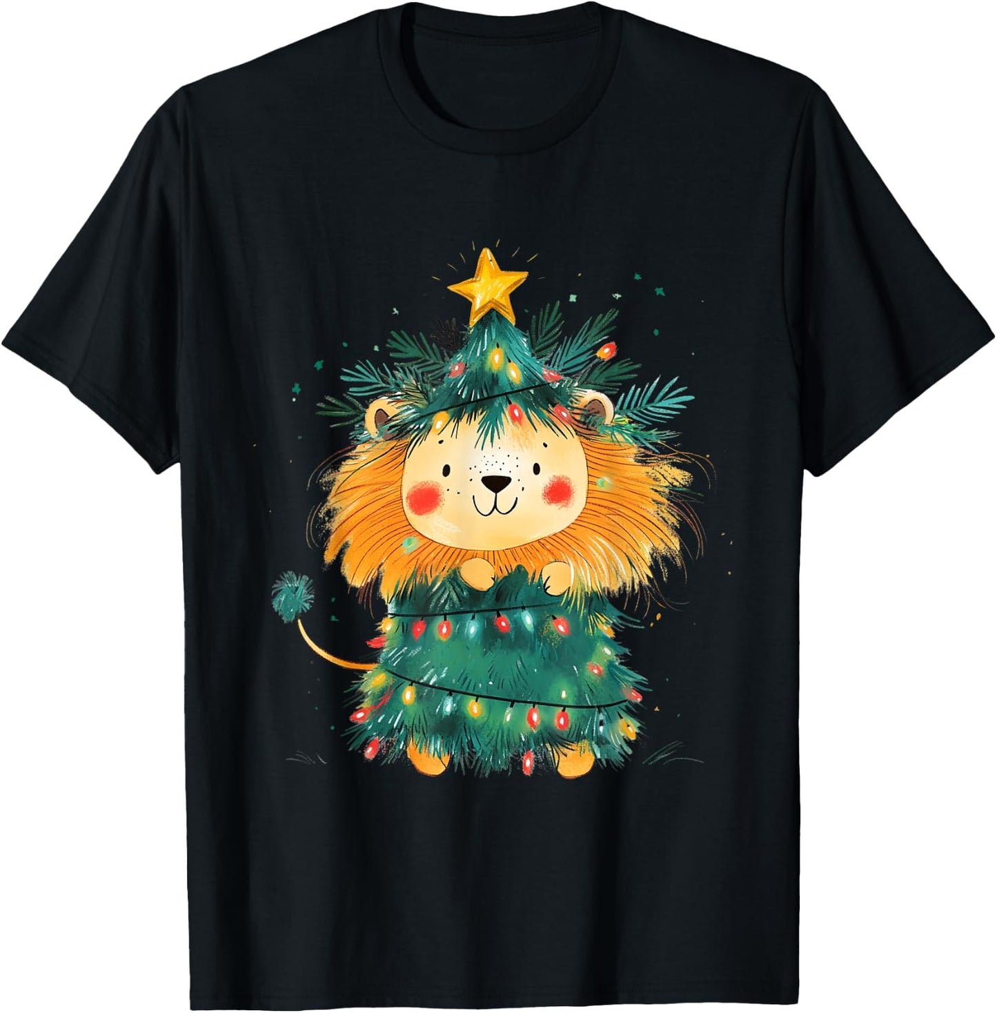 Lion Christmas Tree Pajamas Girls Boys Xmas Lights T-Shirt - T-Shirt | Black