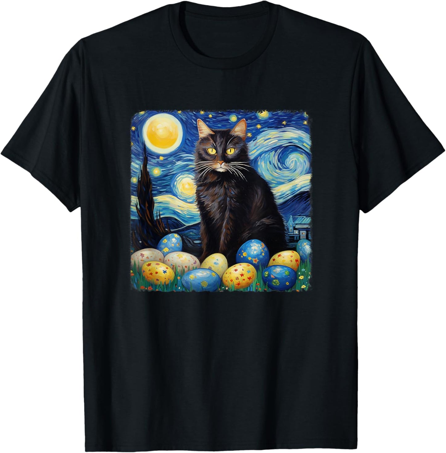 Easter Cat Starry Night by Vincent van Gogh Easter Egg T-Shirt - T-Shirt | Black