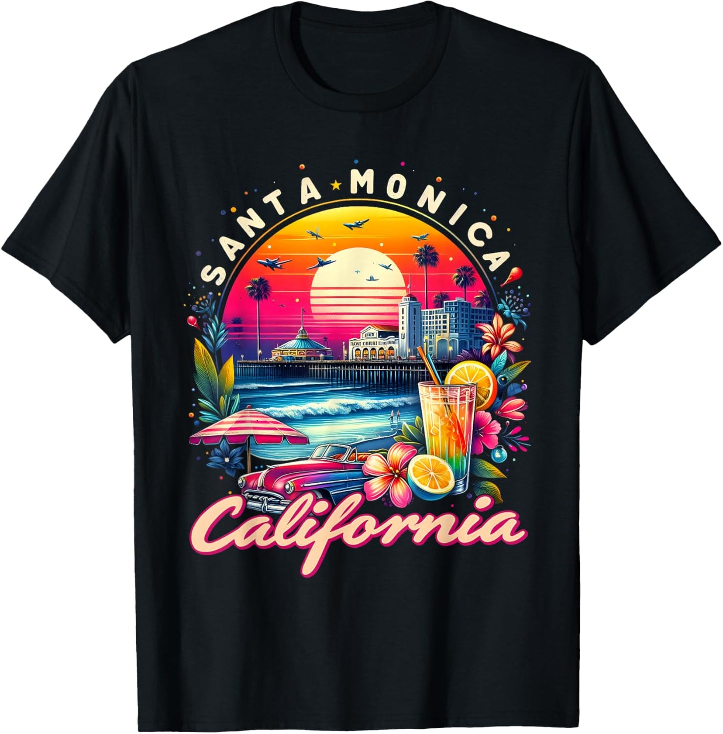 Sunset Vibes Santa Monica Trip Retro Santa Monica California T-Shirt - T-Shirt | Black