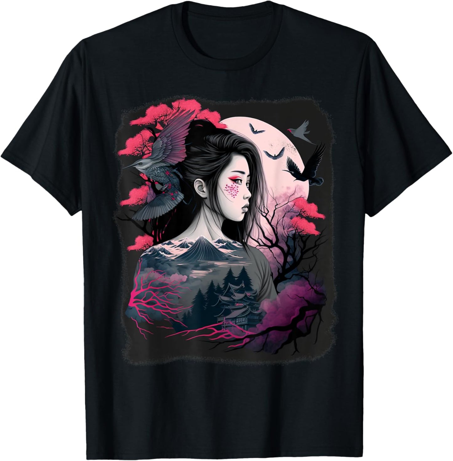 Japanese Samurai Girl Sakura Cherry Blossom Aesthetic Moon T-Shirt - T-Shirt | Black