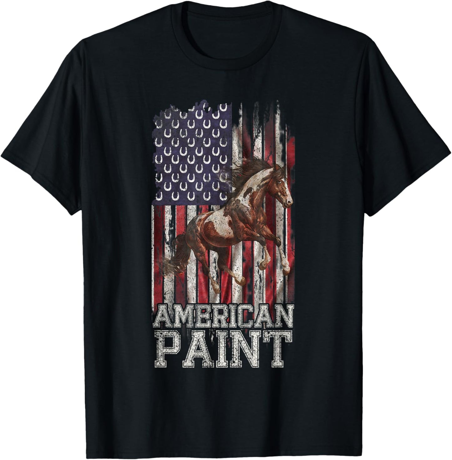Vintage US Flag American Paint Horse Lover, Horseback Riding T-Shirt - T-Shirt | Black