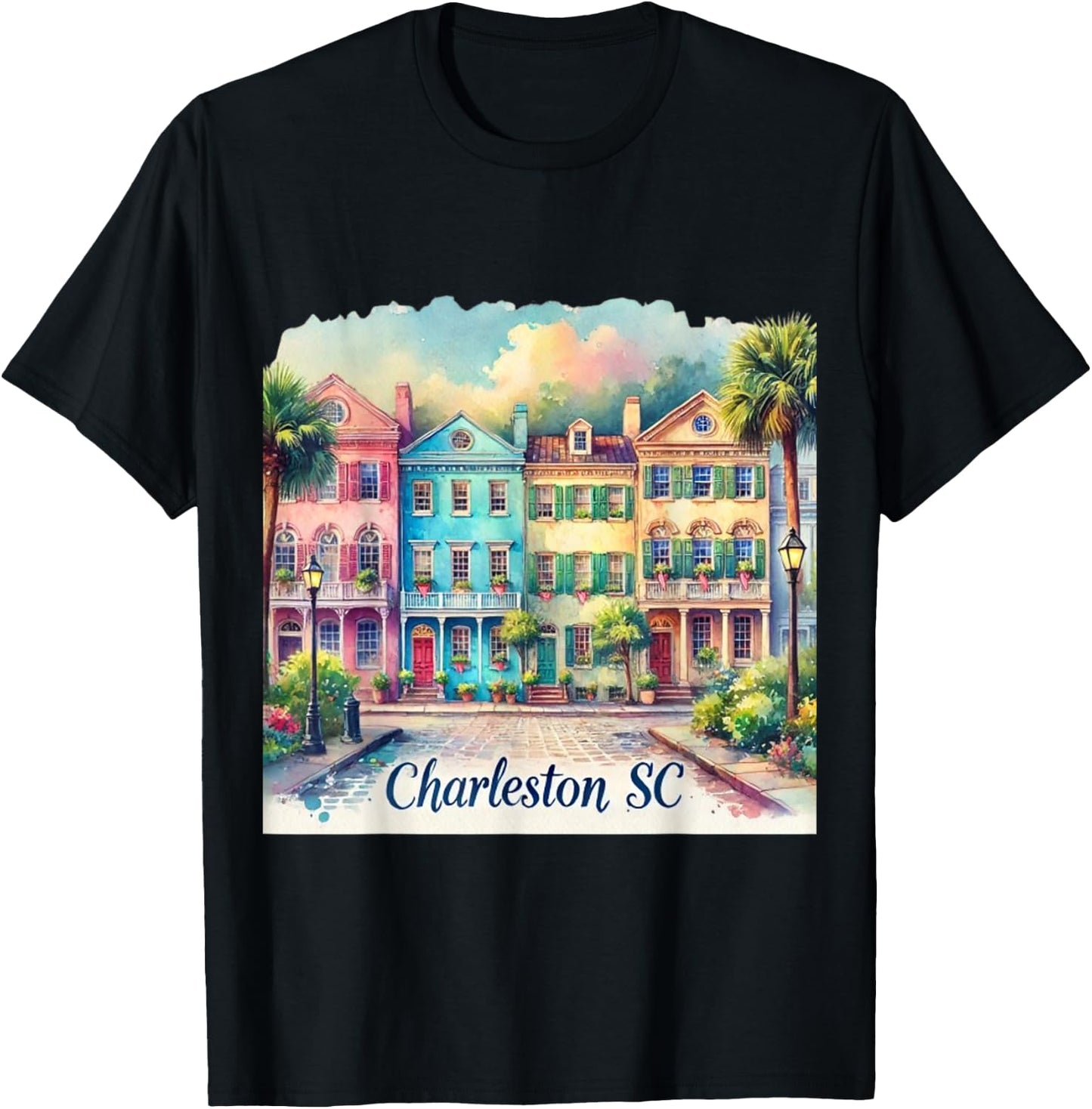 Charleston SC Rainbow Row Colorful Houses T-Shirt - T-Shirt | Black