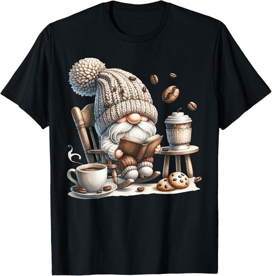 Vintage Cute Gnome Reading Book Coffee Cute Gnome Graphic T-Shirt - T-Shirt | Black