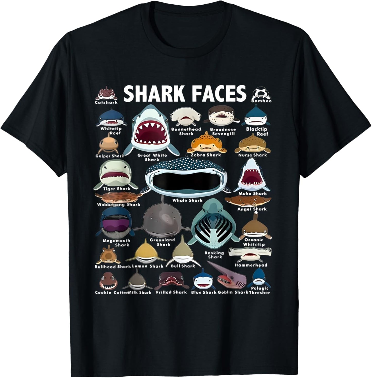 Types Of Shark Identification Shark Faces Marine Biology T-Shirt - T-Shirt | Black