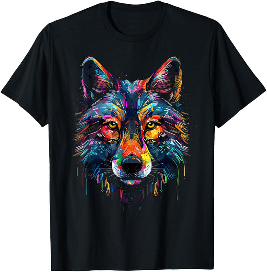Wolf Face Colorful Majestic Wild Wolves Art Black T-Shirt - T-Shirt | Black