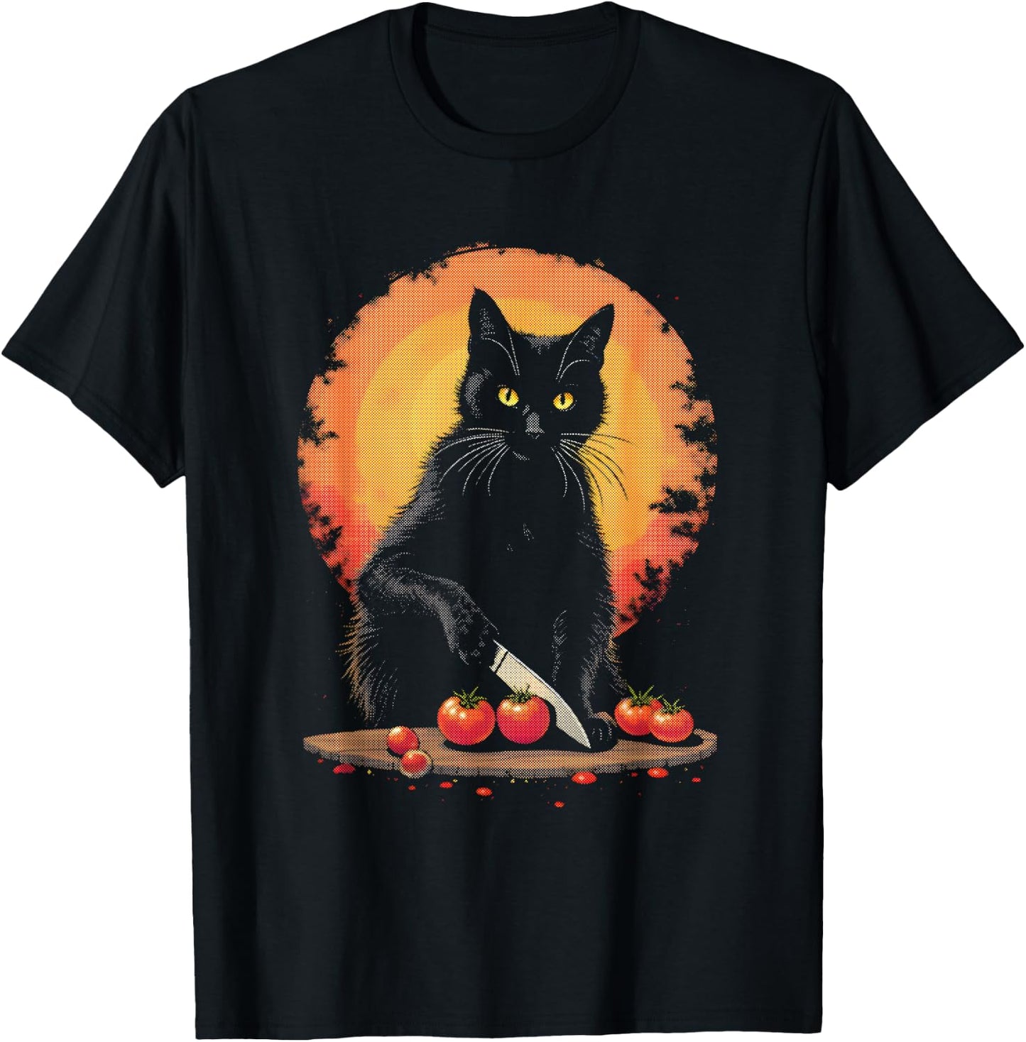 Black Cat Cutting Tomatoes - Funny Chef Cat Lover T-Shirt - T-Shirt | Black