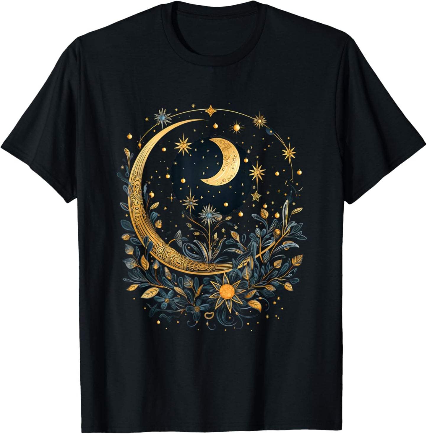 Mystic Sun and Moon Woman Mystical Flowers Aesthetic T-Shirt - T-Shirt | Black