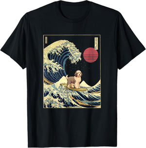 Bernedoodle Japanese Kanagawa Wave Funny Surf Dog T-Shirt - T-Shirt | Black