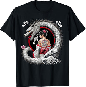 Geisha and Dragon Tattoo Art T-Shirt - T-Shirt | Black