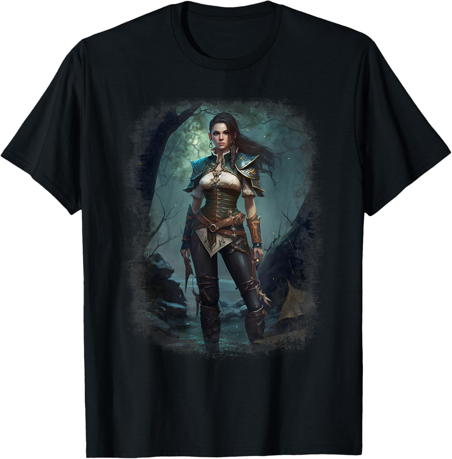 Elven Warrior Elf Princess Fantasy Vintage Fae Art Portrait T-Shirt - T-Shirt | Black