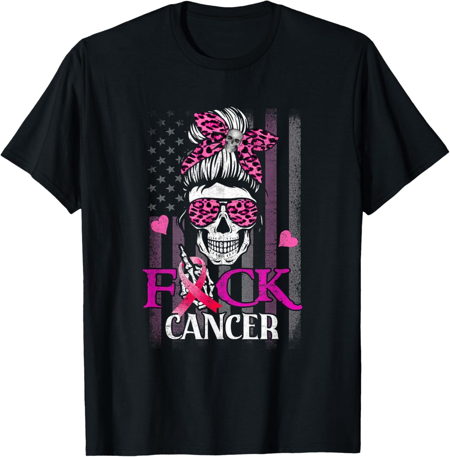 Messy Bun Skull Breast Cancer Awareness Fuck-Cancer USA Flag T-Shirt - T-Shirt | Black
